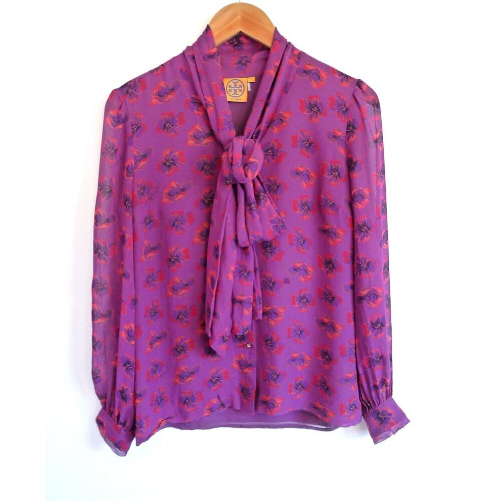 Tory Burch Purple and Red Floral Silk Tie-Neck Blouse